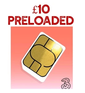 £10 Credit Preloaded Three 3 3G/4G/5G Network SIM Card Pay as You Go Micro Nano