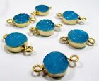 Set of 2- AAA Quality Natural Blue Druzy Round Connectors 10mm 24 Kt Gold Plated