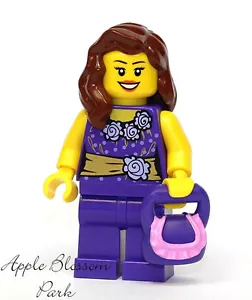 NEW Lego City FEMALE MINIFIG Girl w/Gold Purple Flower Torso Brown Hair & Purse - Picture 1 of 3