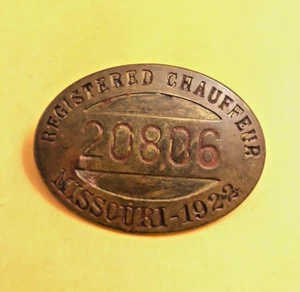 Vintage Missouri Chauffeur 1922 Licence Tag 20806 Badge Pin Limousine Taxi ๐ - Picture 1 of 4