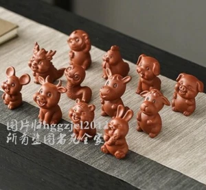 12 Pcs Zi Sha Clay Chinese Zodiac Animals Statue Netsuke Figurines Collect Decor - Picture 1 of 3
