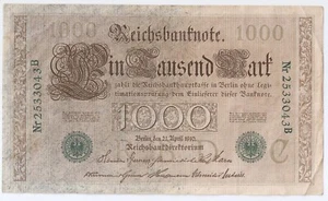 GERMANY 1000 mark 1910 7 digit green serial number - Picture 1 of 2