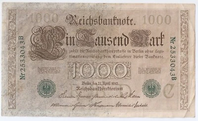 GERMANY 1000 mark 1910 7 digit green serial number - Image 1 of 2