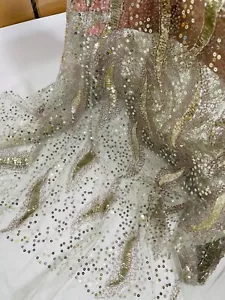 Fire Flame Bead Fabric Light Gold Bead Sequins Fire Flame Design on Mesh By Yard - Picture 1 of 6