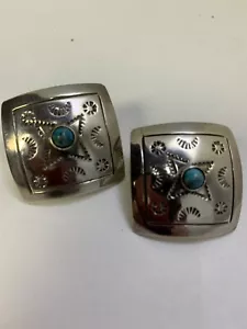 Vintage Mexican Sterling Silver Square Earrings W Turquoise Signed /Stamped Post - Picture 1 of 5