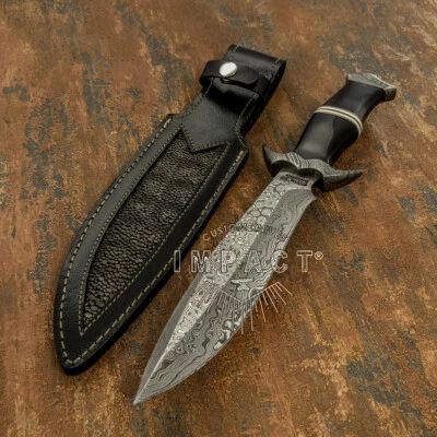 Impact Cutlery Rare Custom Damascus Bowie Knife Bull Horn Handle - Image 1 of 4