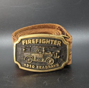 Vintage Firefighter Leather Belt and Brass Buckle 1910 Seagrave BTS 35" - 39" - Picture 1 of 7
