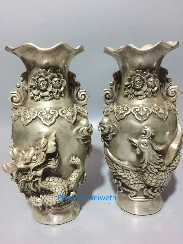 Collection old Tibet silver Vase Handwork carved dragon&Phoenix w Qianlong Mark - Image 1 of 4