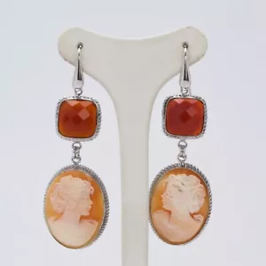 ORECCHINI IN ARGENTO 925 CON AGATA ROSSA QUADRATA E CAMMEI VOLTO AGHT 0437 - Foto 1 di 3