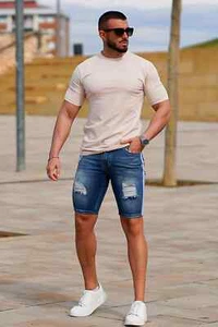 GINGTTO Men's Denim Shorts Slim Fit Stretch Ripped Short Jeans - Picture 1 of 7