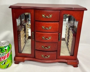 Vintage Cherry stain Wood Jewelry Box w/5 drawers 13"×11.5"x5" w/Mirrors EXCELL. - Picture 1 of 16