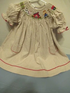 W) Girls size 3 Brown and White Check Red Trim Hand Smocked Vive La Fete Farm - Picture 1 of 15