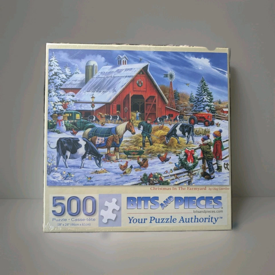 Rompecabezas de 500 piezas de Navidad en el patio de la granja caballos y vacas granero Foto 1 de 1