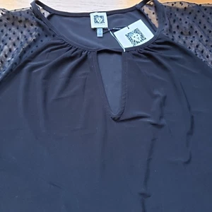 NEU Anne Klein einfarbig schwarz Schlüssellochausschnitt Bluse Top durchsichtig gepunktete Ärmel Größe 3X - Bild 1 von 10