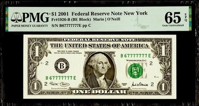 2001 $1 Dollar Near Solid Serial Number 67777777 PMG 65 EPQ Gem Seven Of A Kind - Image 1 of 2