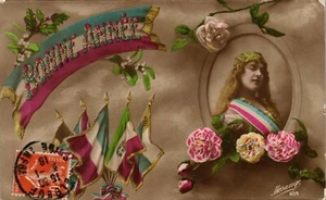  Vintage French RPPC Postcard Pretty Girl Happy New Year Flags of France 1916 - Picture 1 of 3