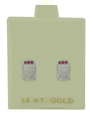 LAB CREATED JESUS FACE RUBY STUD EARRINGS 14k WHITE GOLD * NWT * Screw Backs * - Image 1 of 3