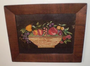 19th C Needlepoint Theorem Large Basket of Fruit/Flowers In Original Frame  - Picture 1 of 9