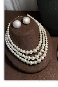 Vintage 18” White Beaded 3 stranded Necklace With Coro Clip Filigree Earrings - Picture 1 of 9