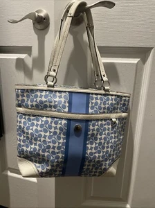 Coach Heritage Signature Stripe Blue White Tote Shoulder Handbag Purse - Picture 1 of 3