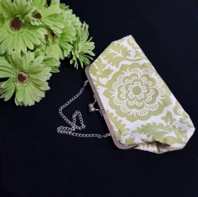 Evening Bag with 70s Style Apple Green Flowers, MOT DOT Textiles, Hang From Wris - Image 1 of 4