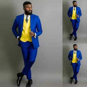 2 pezzi abito da uomo sposa sposo blu reale smoking pizzo bavero ballo uomo blazer - Foto 1 di 5