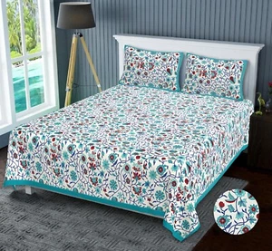 Indian Designer Flower Printed Bed sheet Cover With 2 Pillow Home Decor - Picture 1 of 4