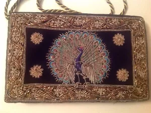 Embroidered Peacock Zari Clutch Silver & Gold Thread - Picture 1 of 3
