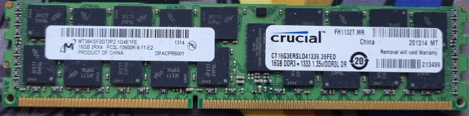 Crucial 16GB 2Rx4 PC3L-10600R 9-11-E2 (P/N CT16G3ERSL) - Image 1 of 1