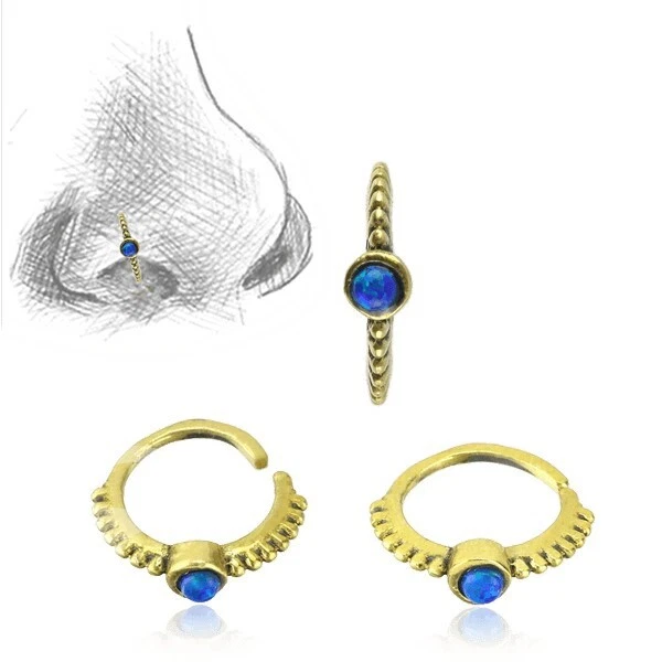 20G TRIBAL BRASS NOSE RING 7MM RING NOSE STUD HELIX FAUX BLUE OPAL STONE - Image 1 of 1