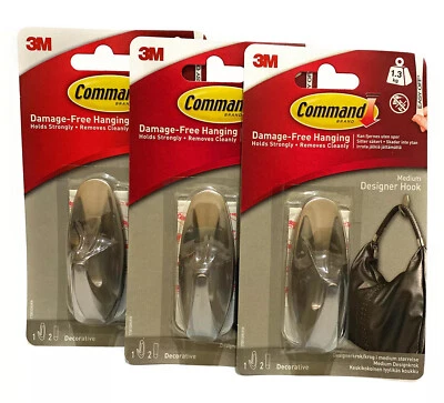 Command Hook Medium Brushed Nickel Finished Designer Damage Free - 3Pack. - Image 1 of 3