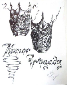 original ballpoint pen illustration Humor and Tragedy hand signed and dated - Picture 1 of 2