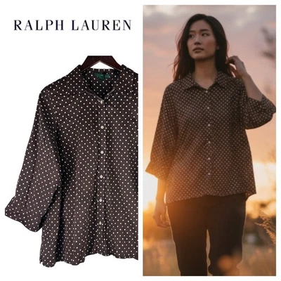 Camisa Ralph Lauren Top Blusa Abotonada Talla 2X XXL 18 20 Lunares Marrón Foto 1 de 4
