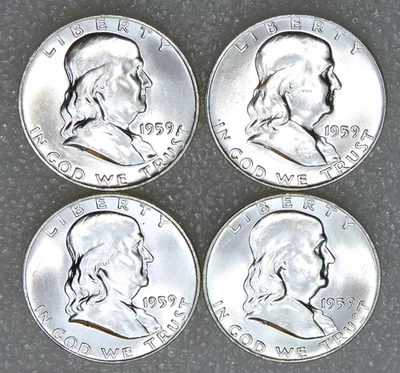 1959-D Franklin Silver Half Dollar BU Frosty White lot of 4 coins #K321 - Image 1 of 2
