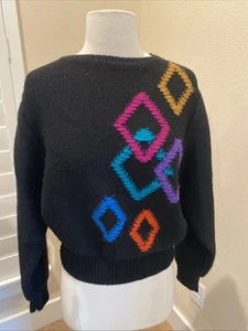 Vintage Jimmy Garcia NY Hand Loomed 100% Wool Black Geometric Pattern Sweater L - Picture 1 of 7