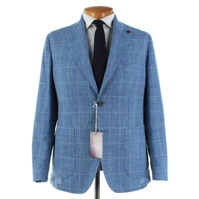Sartoria Partenopea NWT Linen Blend Sport Coat Size 52R (42R US) In Blue Plaid - Image 1 of 4