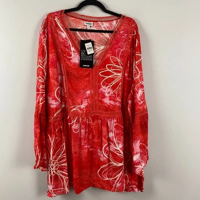Avenue Coral Boho Bell Sleeve Ombree Breeze Tunic Size 26/28 Floral V Neck - Image 1 of 4