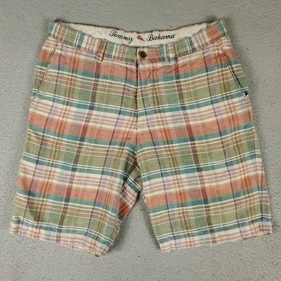 Pantalones Cortos Tommy Bahama Para Hombre Talla 32 Beige Lino a Cuadros Informales Frente Plano Chino Foto 1 de 4