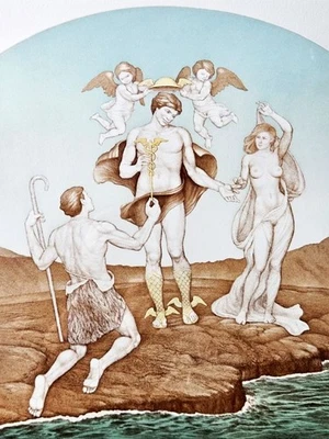 Original Farbradierung von Michael Fuchs (1951), "Huldigung des Merkur / Hermes" - Bild 1 von 4