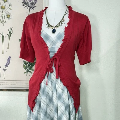 Cárdigan Suéter Rojo Volantes Corbata Frontal Caprichoso Twee Costera Vaquera Retro Mod M Foto 1 de 4