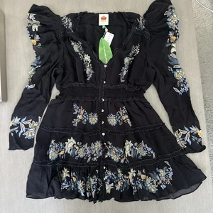 Farm Rio Black Stitched Garden Mini Dress Sz XL Tiered LS Boho Floral NWT $248 - Picture 1 of 10