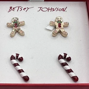 NWT Betsey Johnson Gingerbread Man & Candy Cane Earrings Set in Gift Box - NEW! - Picture 1 of 7