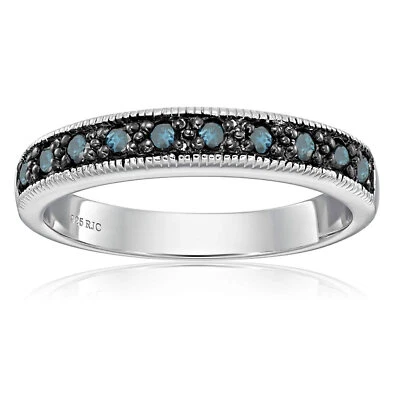 1/4 ct Blue Diamond Ring Wedding Band .925 Sterling Silver with Milgrain Round - Image 1 of 4