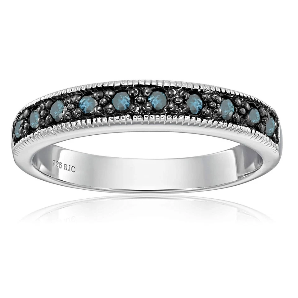 1/4 ct Blue Diamond Ring Wedding Band .925 Sterling Silver with Milgrain Round - Image 1 of 4