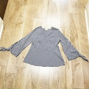 NEU J.Crew Universal Standard Top M Damen Gingham blau weiß zum Binden Langarm - Bild 1 von 9