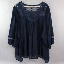 GNW Shirt Top Blouse Women's Plus Size 3X Navy Blue Lace Accent 3/4 Sleeves