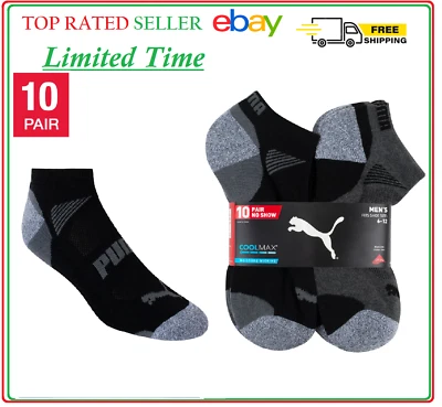 彪马男式无展示袜10双黑色/灰色或白色/灰色包,吸湿排汗 — 第 1/2 张图片