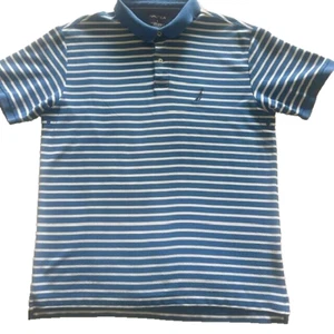 Nautica Mens Polo Large Blue White Stripes Short Sleeves Performance Vent Holes - Picture 1 of 9