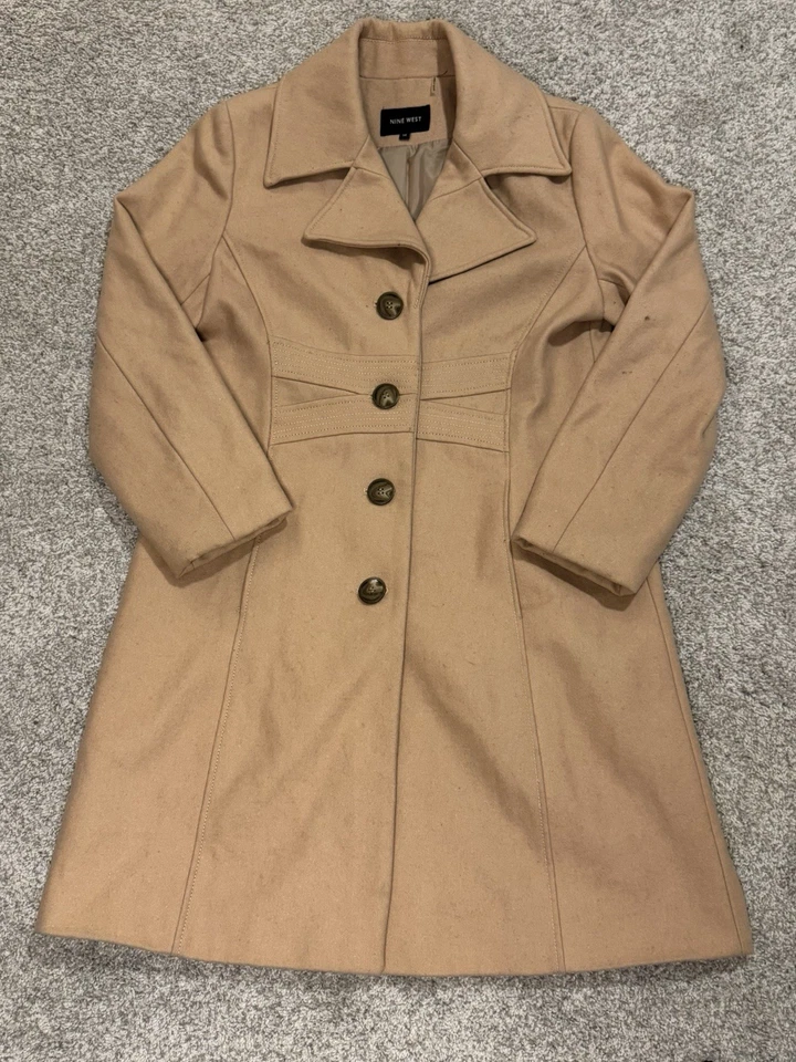 Casaco feminino Nine West mistura de lã bronzeada comprimento médio forrado ervilha tamanho 14 botão frontal - Imagem 1 de 4