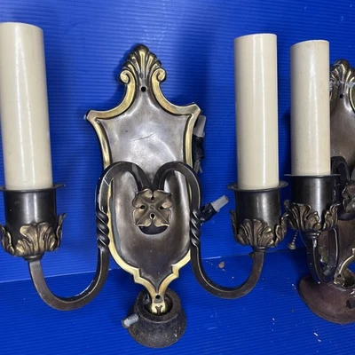 Antique vintage Brass double arm Candlestick light lamp sconce pair Victorian  - Image 1 of 4